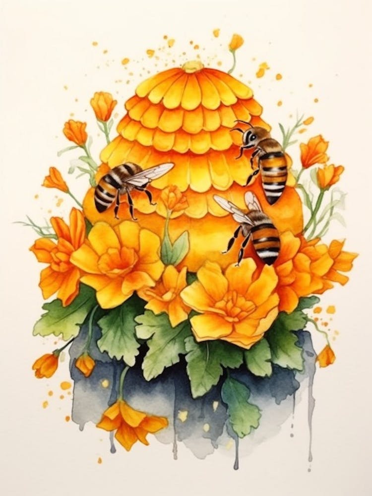 Beehive With Marigold Watercolour Illustration 3