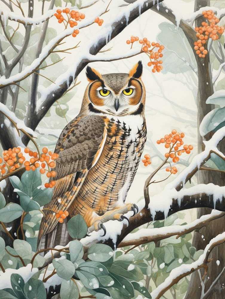Peinture d'Oiseau d'Hiver Grand-duc d'Amérique 1