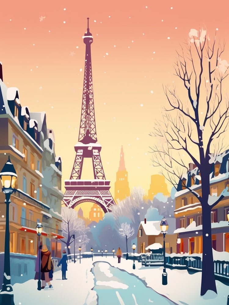 Vintage Winter Travel Illustration Paris France 2