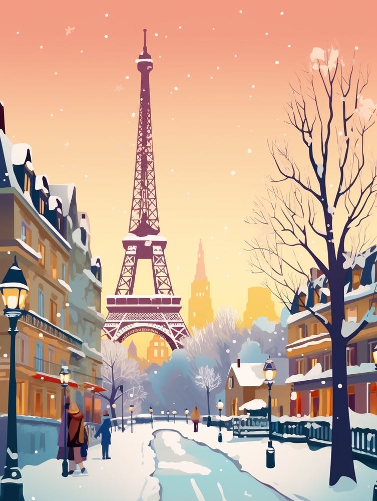 Vintage Winter Travel Illustration Paris France 2