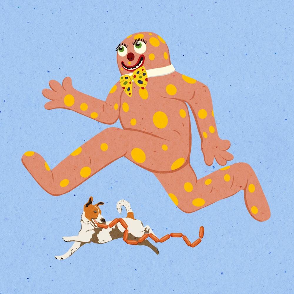 Blobbiger und frecher Hund mit Würstchen, Nostalgie, Illustration, Wandkunst