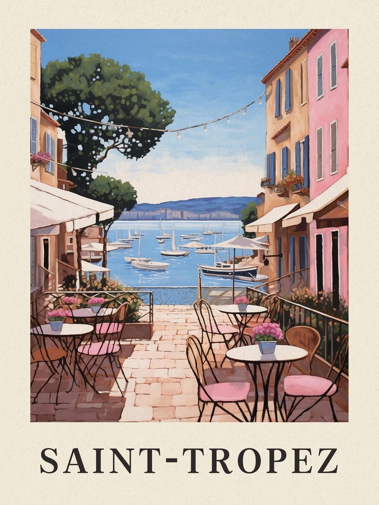 Saint Tropez France 1 Vintage Pink Travel Illustration Poster