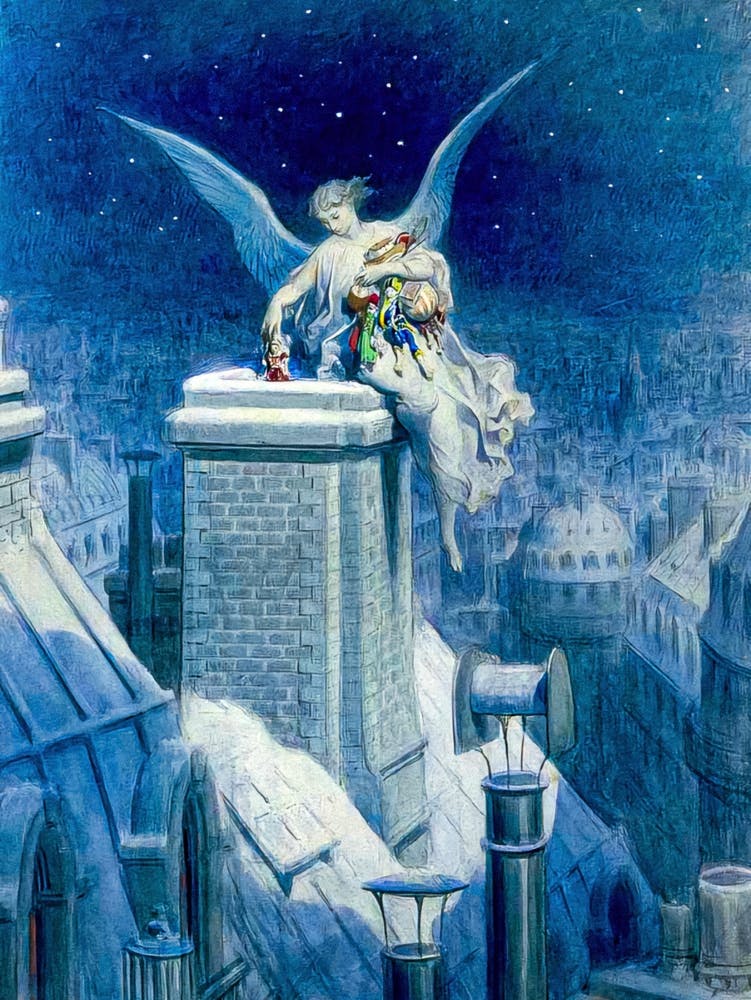 "Christmas Eve" by Gustave Dore (1832-1883) The original can be seen in the Orsay Museum (Musée d’Orsay), Paris. HD Remastered Antique Oil Painting of Christmas Angel Delivering Presents