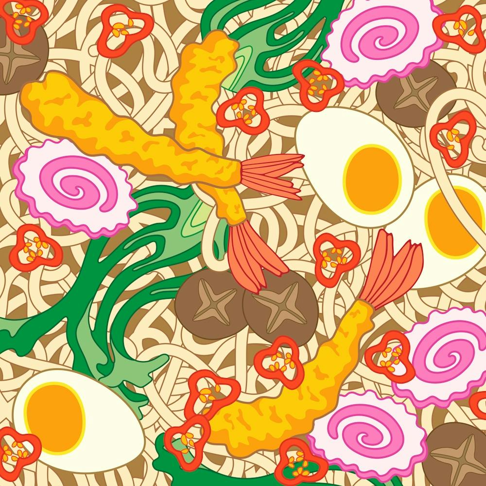 TEMPURA UDON Japanese Noodle Soup with Shrimp Tempura Egg Fish Cake Veggies Food Kitchen