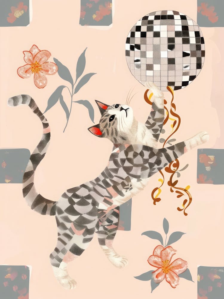 Disco Cat Checkerboard Floral Whimsical Illustration Dopamine