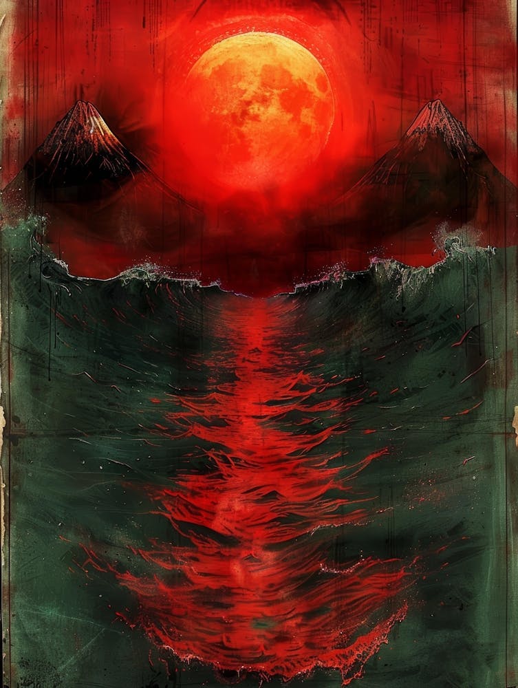 Red Moon Over The Ocean