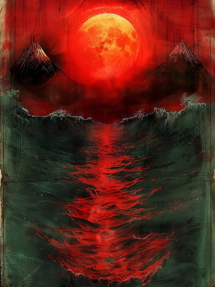 Red Moon Over The Ocean