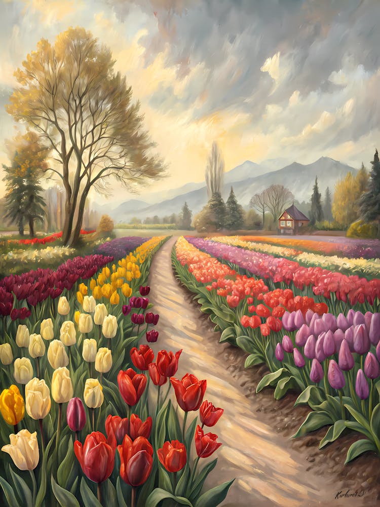 Oil Painting Style Vibrant Tulip Fields Countryside Landscape with Farmhouse