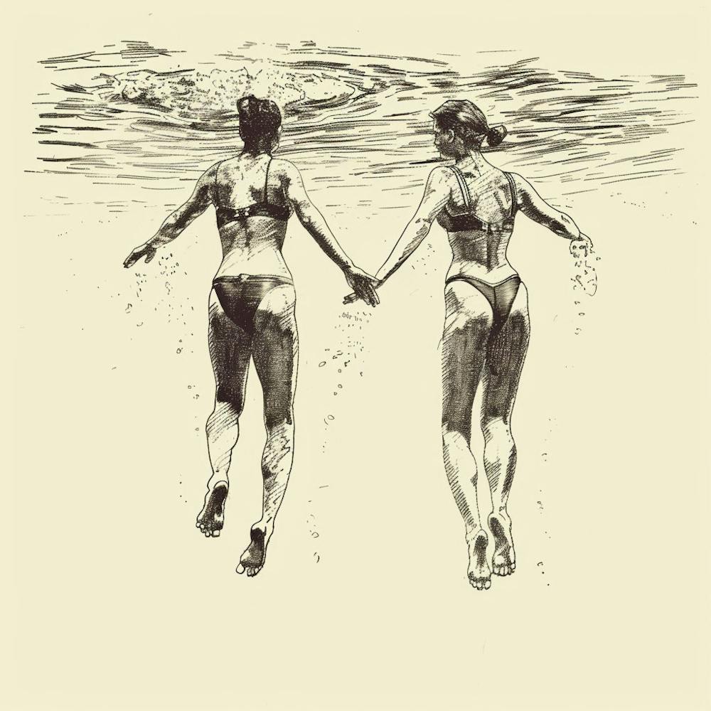 Two Women Swimming In The Water