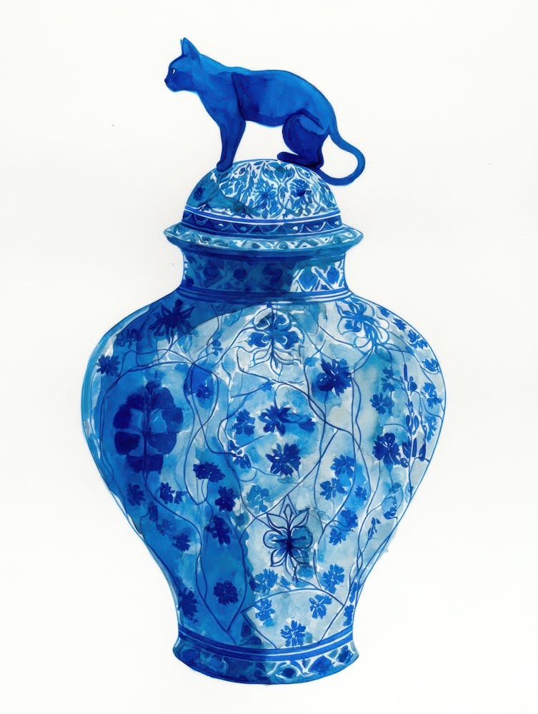 Blue Vase With Cat