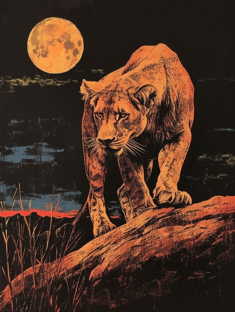 African Lion Relief Illustration Night Hunt 2