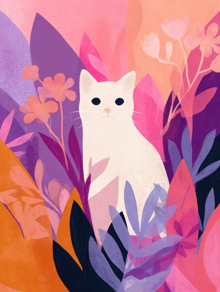White Cat In Purple Flowers