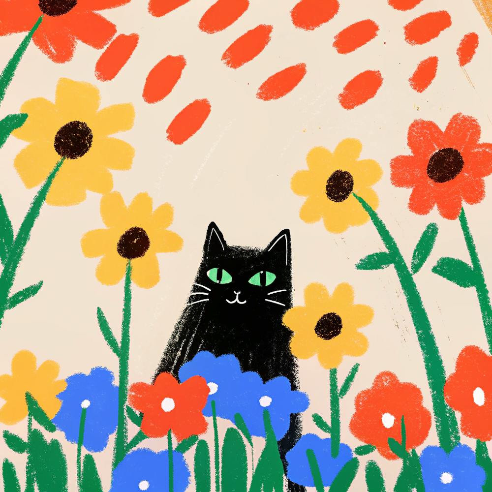 Black Cat In Flowers
