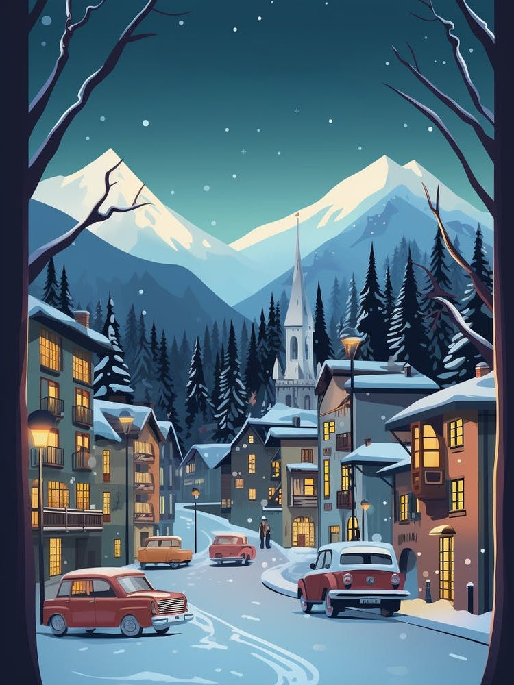 Winter Travel Night Illustration Chamonix France 1