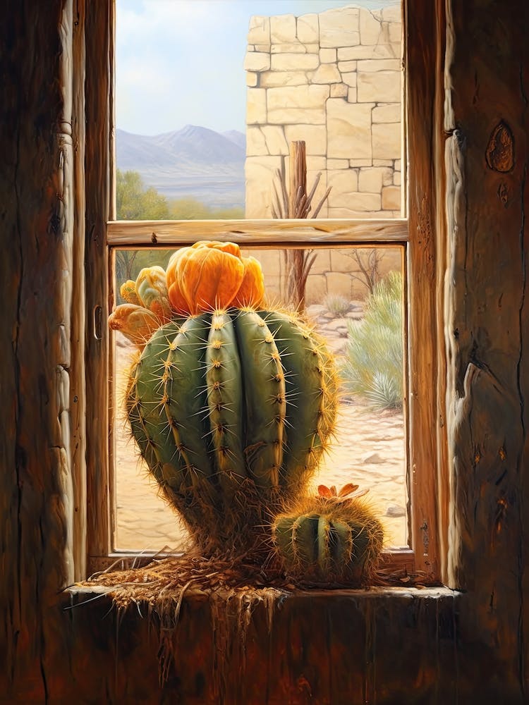 Golden Barrel Cactus On A Window  2