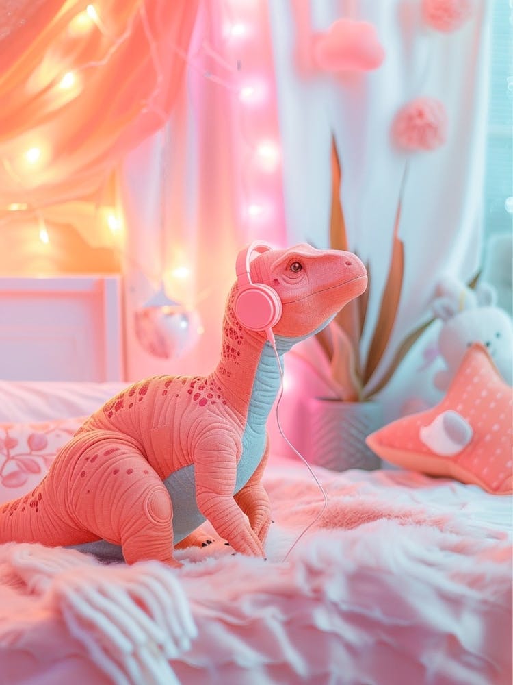 Pink Plushie Dinosaur Listening To Music In Bed