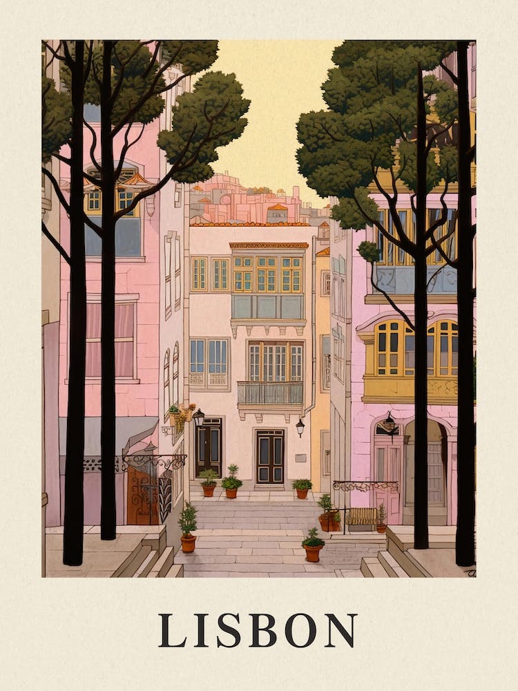 Lisbon Portugal 3 Vintage Pink Travel Illustration Poster