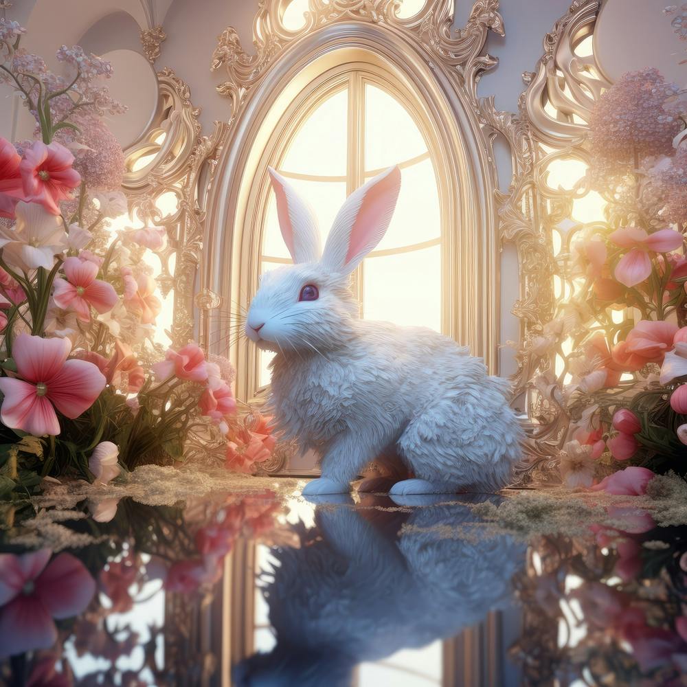 Cartoon Rabbit In Beautiful Decorated Little Room With Windows And Reflection In The Floor