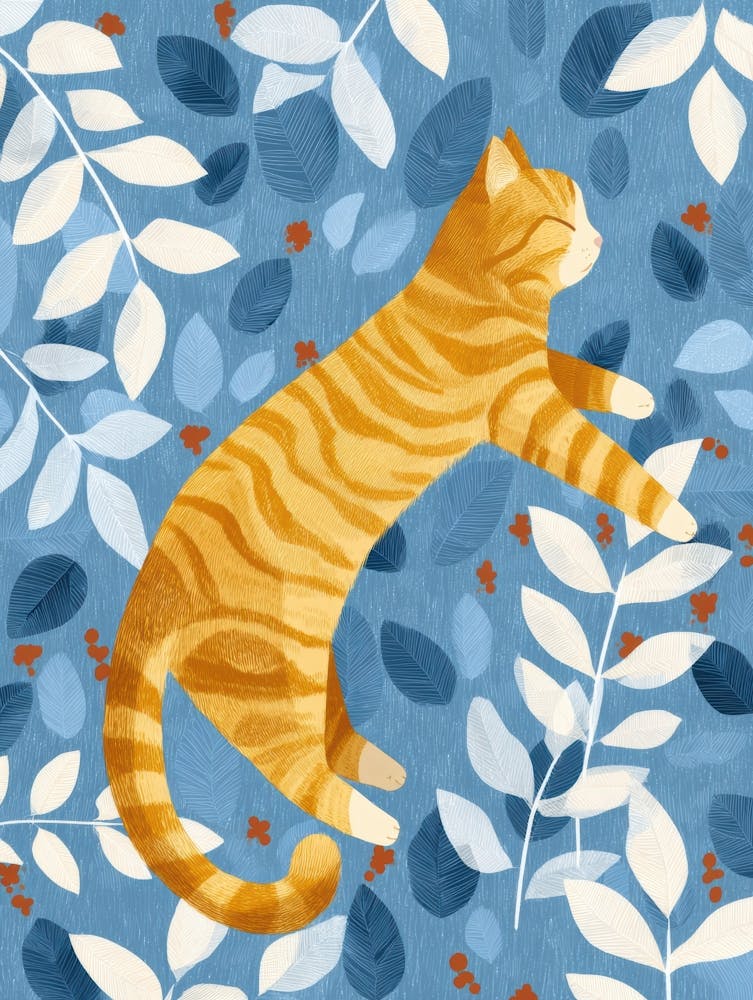 Cat In Blue Leaves