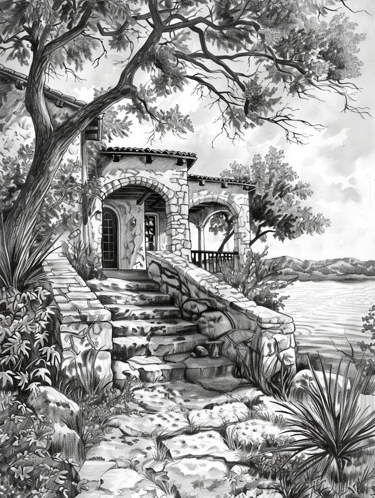 The Oasis On Lake Travis Austin Texas Black And White Drawing 4