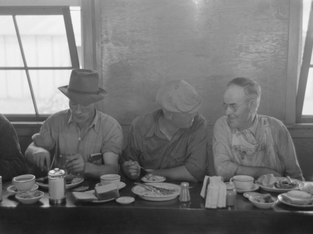 Untitled Photo, Possibly Related To Men Who Work On Mechanical Hop Picking Machines Have Lunch At The Company