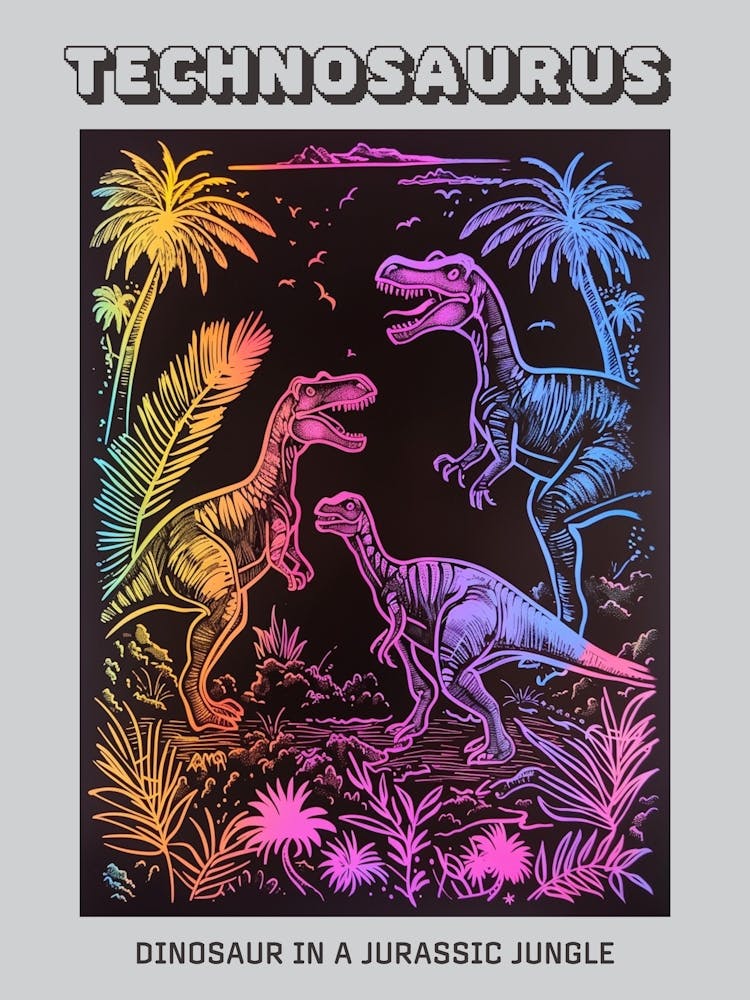Neon Lines Dinosaur In Jurassic Landscape Poster