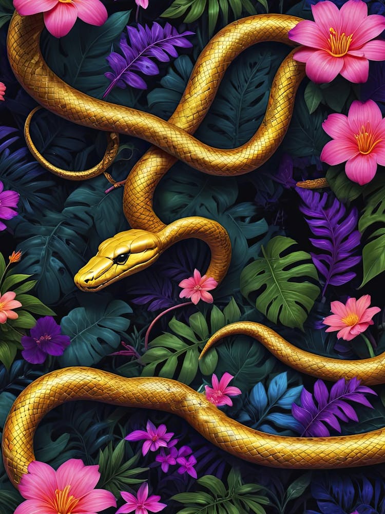 Tropical golden snakes and flowers in jungle - Chinese New Year 2025, seamless floral poster 3