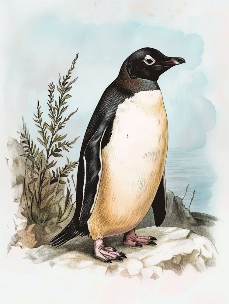 Adlie Penguin Carcass Island Vintage Botanical Painting 1