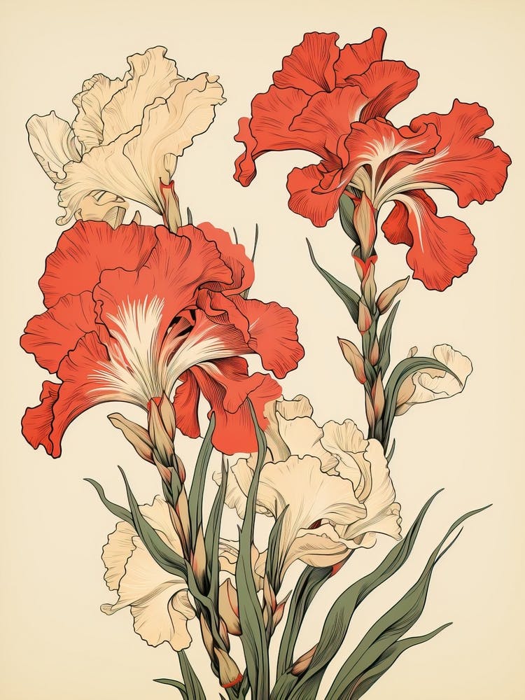 Great Wave With Gladiolus Flower Drawing In The Style Of Ukiyo E 2