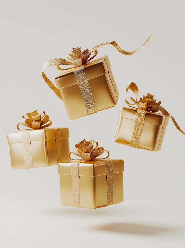 3d Rendering, Gift Boxes Floating In The Air, Golden Color Theme Isolated On White Background, Soft Smooth Lighting, With Soft Shadows, C4d, Blender, Oc Renderer, High Detail, Best Quality, Hyperrealistic