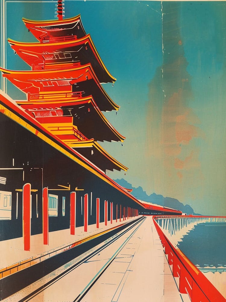 Japan Coastal Travel Scene Mid Century Modern