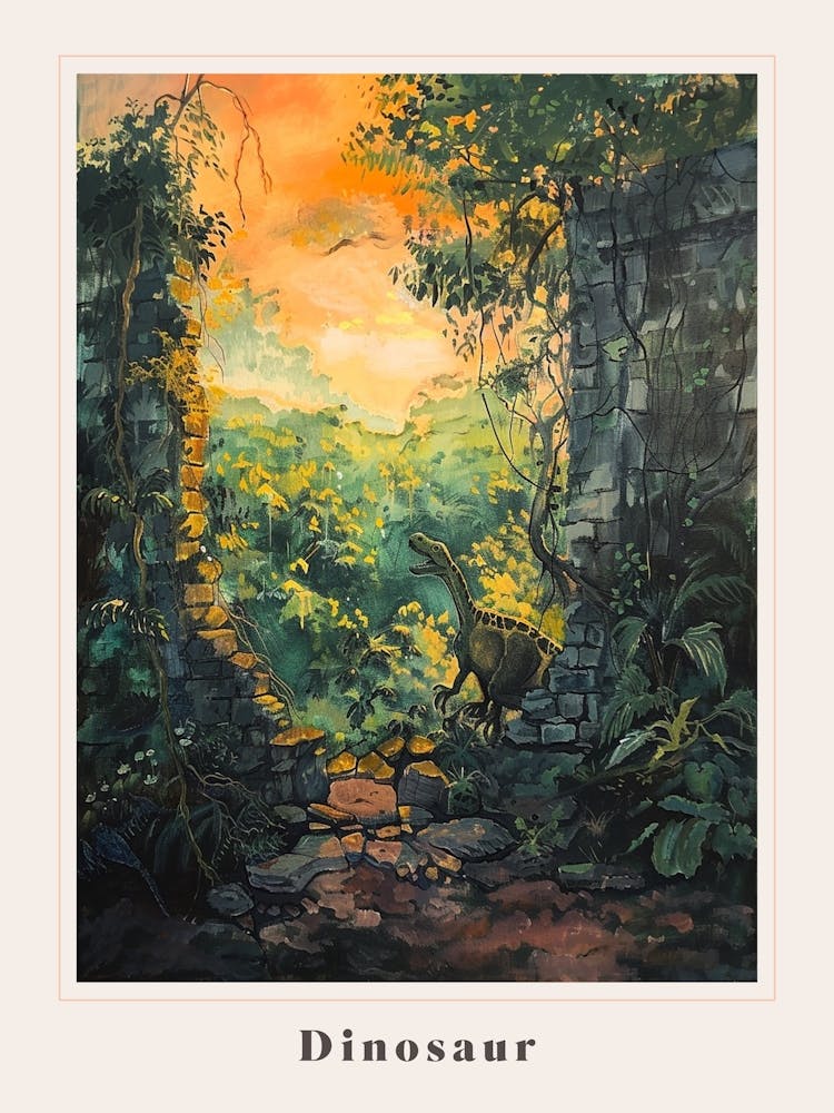 Dinosaur By An Abandoned Wall Covered In Vines Painting Poster