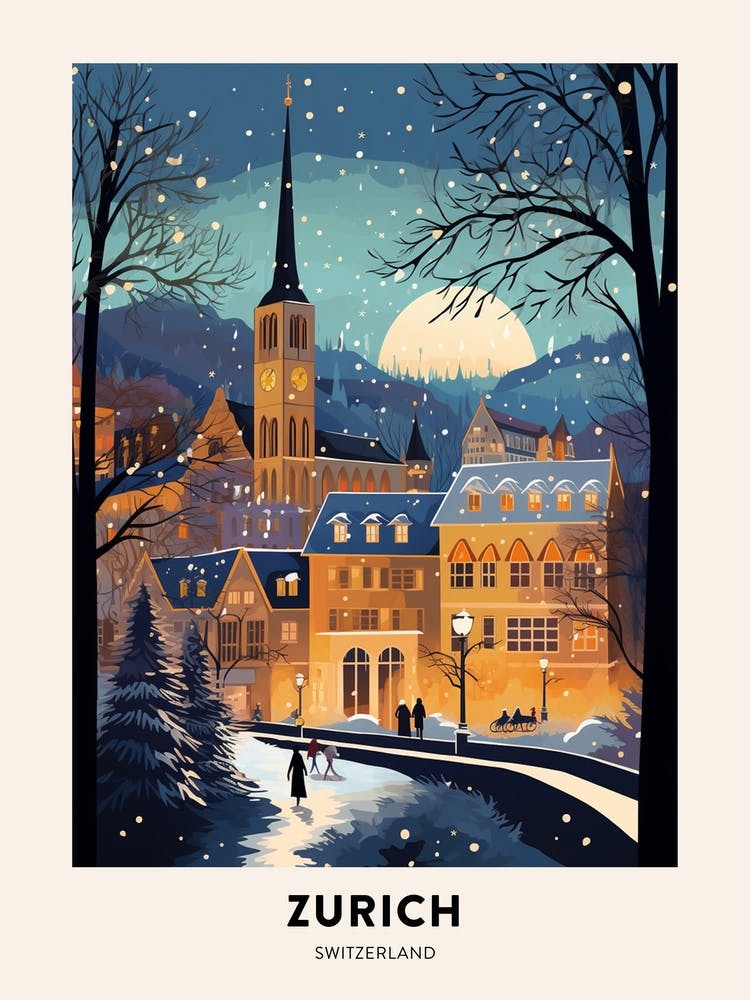 Winter Night  Travel Poster Zurich Switzerland 6
