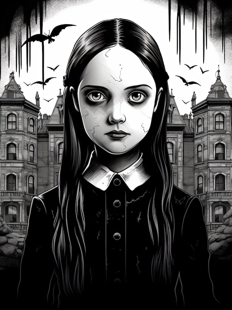 Portrait Of Wednesday Addams Line Art Dark 7 Fan Art