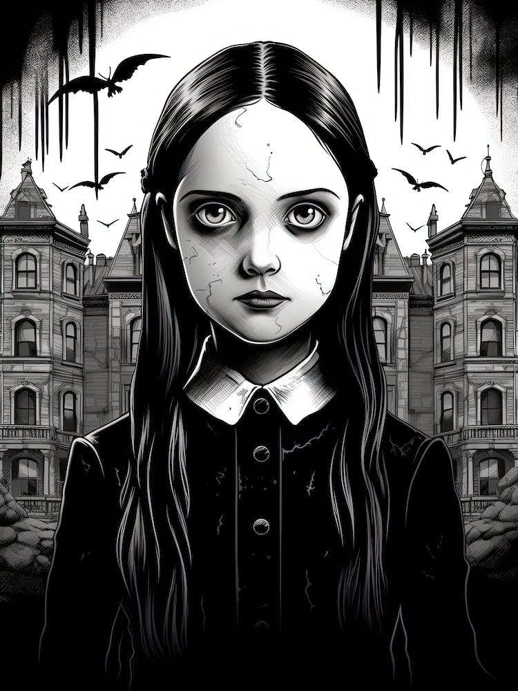 Portrait Of Wednesday Addams Line Art Dark 7 Fan Art