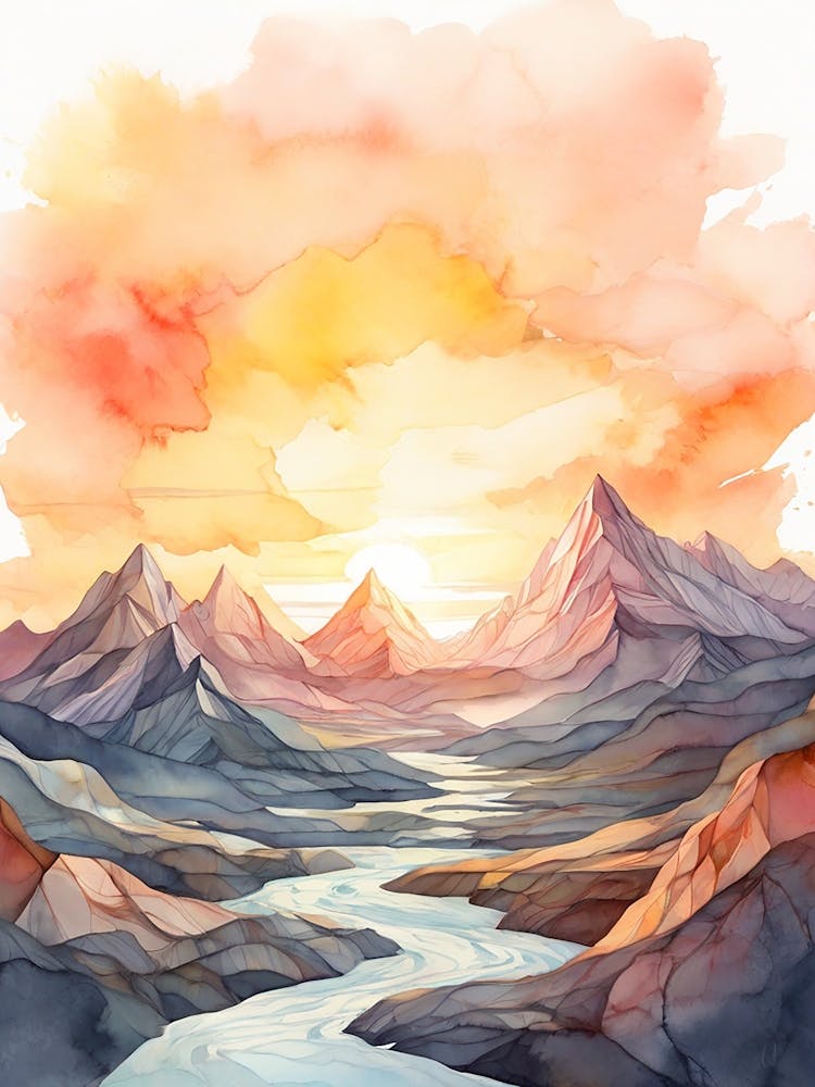 Watercolor Landscape With Mountains And River