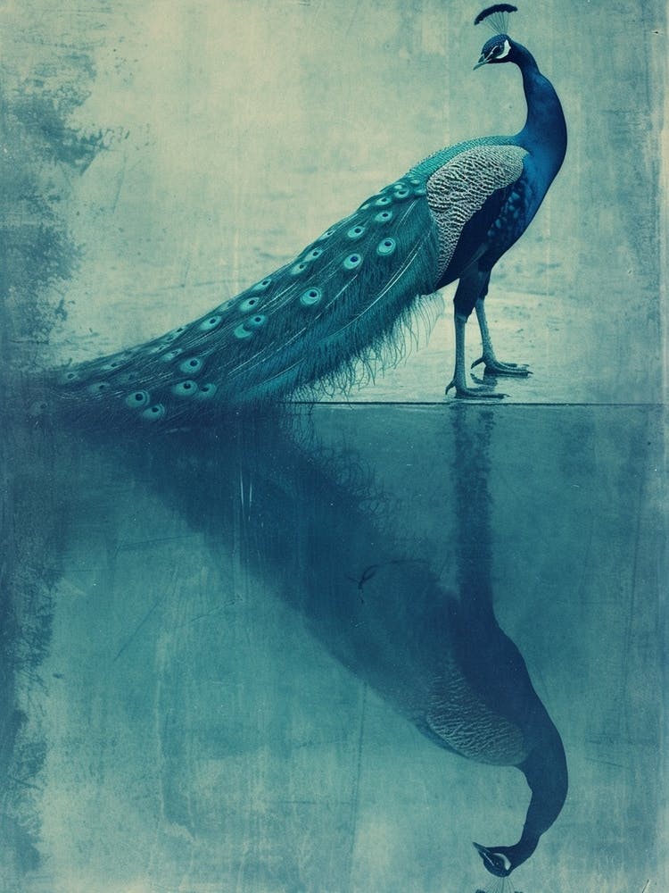 Turquoise Cyanotype Inspired Peacock & Reflection