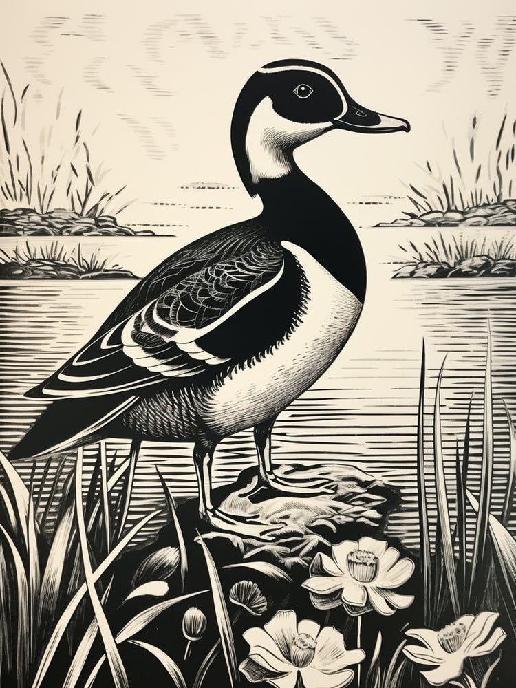 B&W Bird Linocut Wood Duck 3