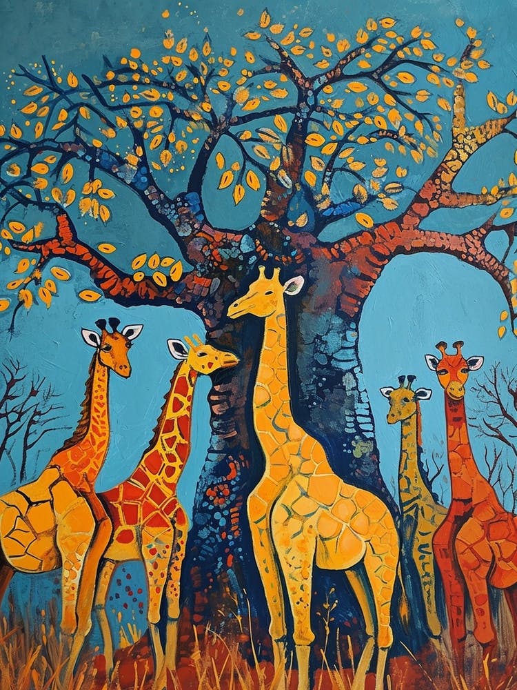 Abstract Giraffe Herd Under The Trees 3