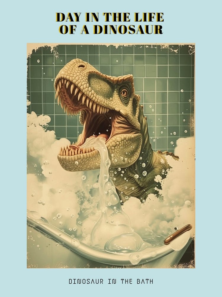 Dinosaur In The Bubble Bath Retro Collage 3 Poster