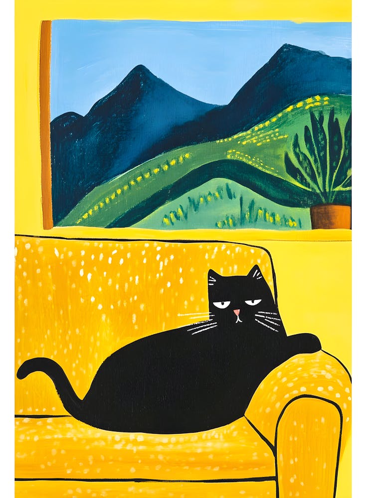 Lazy Black Cat Wall Art Playful Colorful Illustration For Cat Lovers & Home Decor