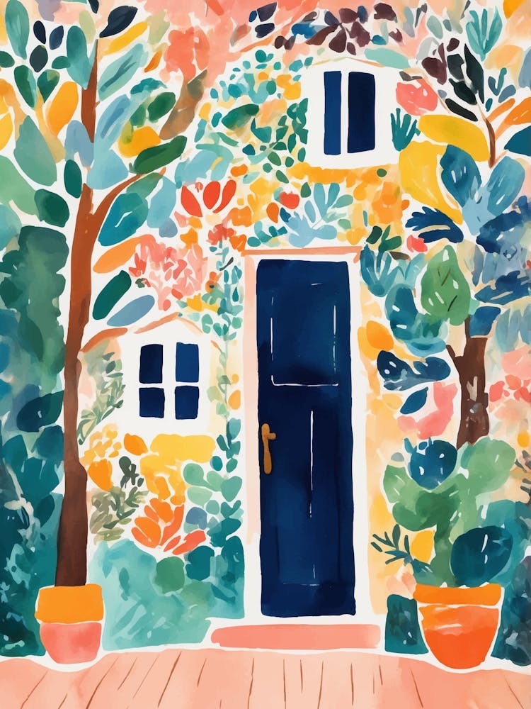 Watercolor Of A House, blue door