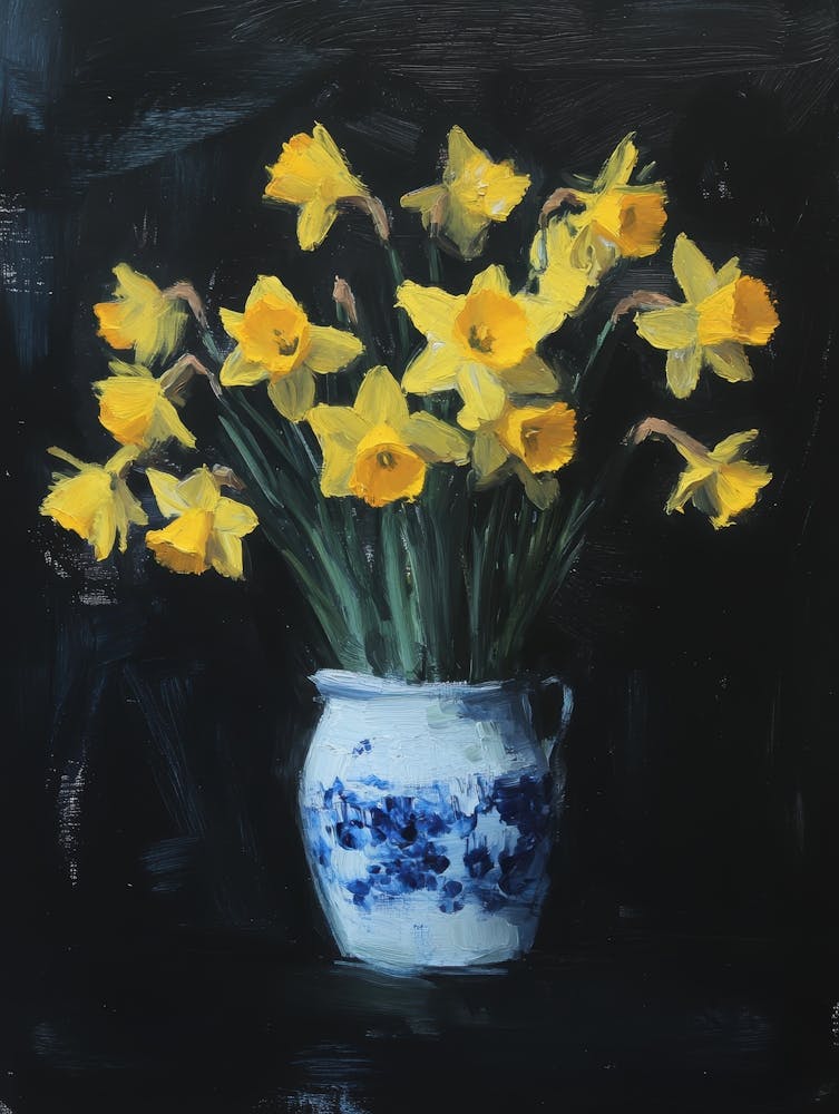 Daffodils In Blue And White Vase 1