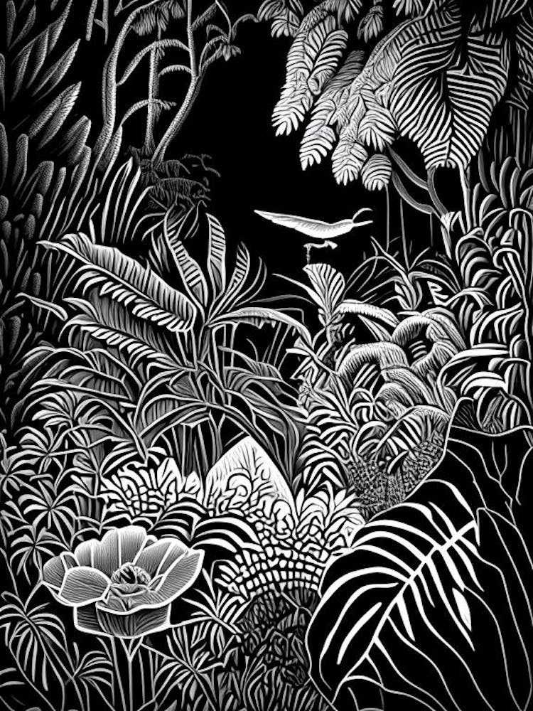 Dunedin Botanic Garden, New Zealand Linocut Black And White Vintage
