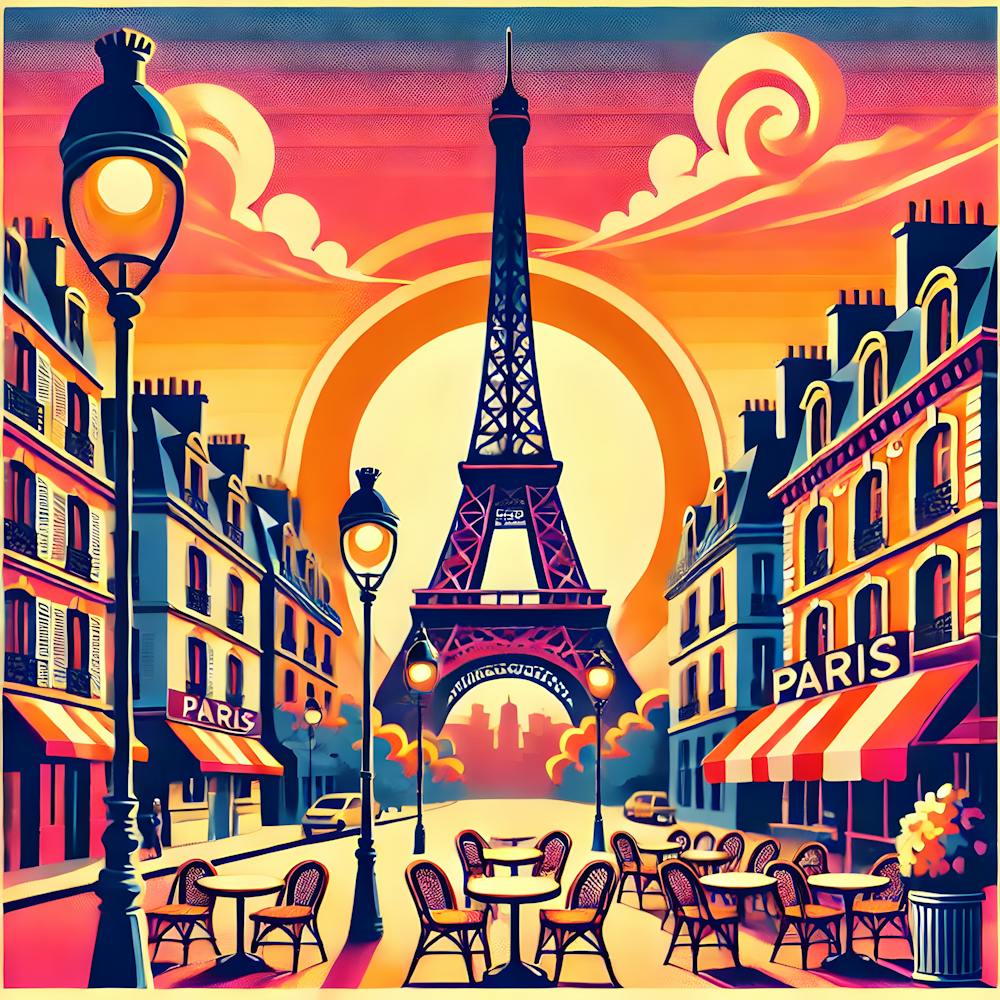 Paris Retro Digital Art Vibrant Eiffel Tower Sunset Illustration