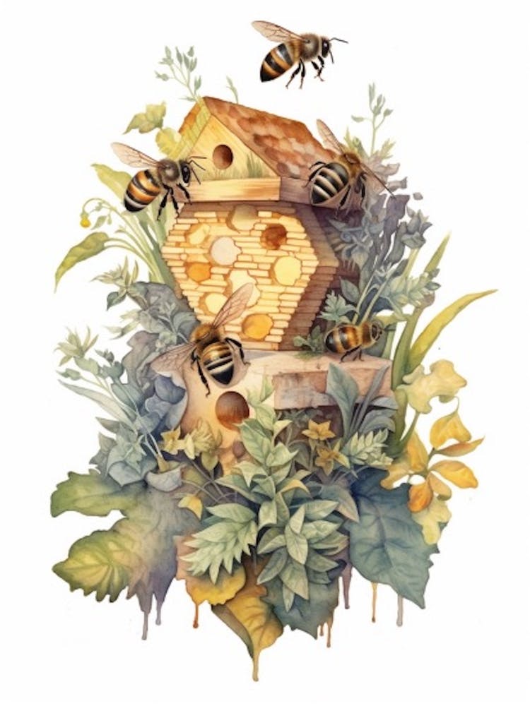 Common Carder Bee Beehive Watercolour Illustration 1