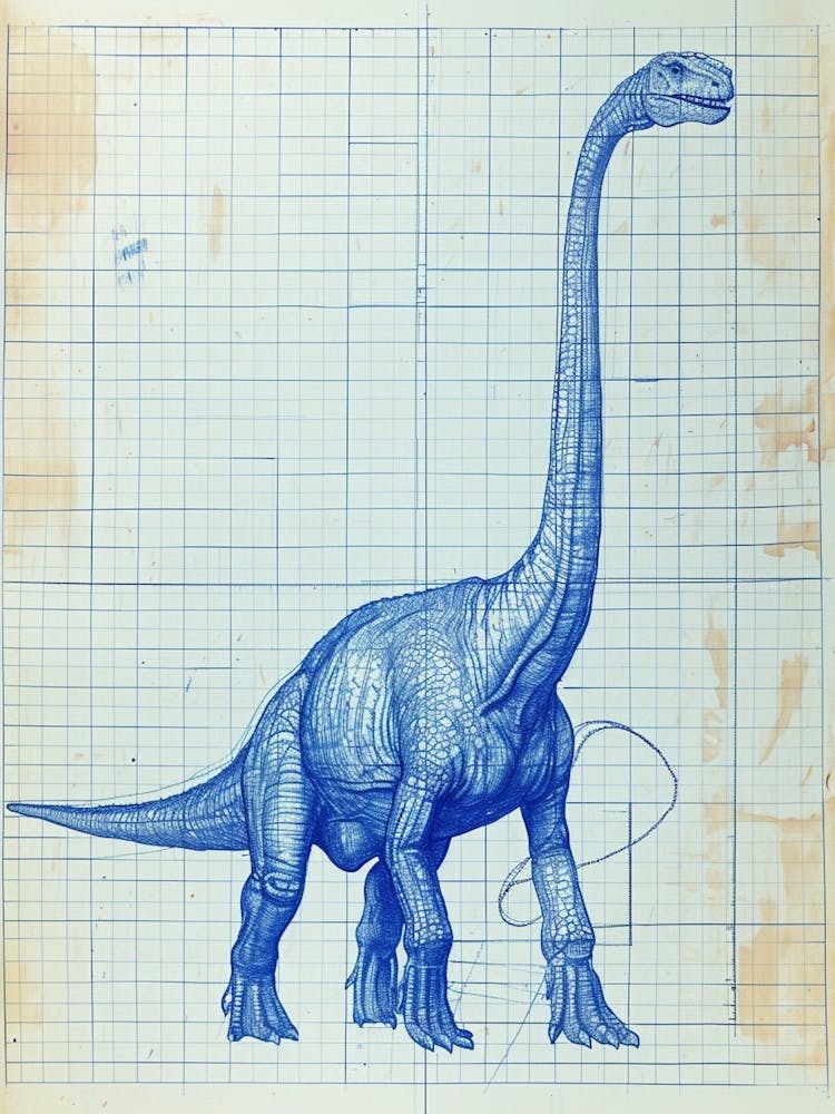 Diplodocus Dinosaur Blue Print Sketch 1