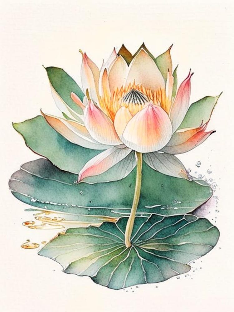 Blooming Lotus Flower In Lake Watercolour Ink Pencil 2