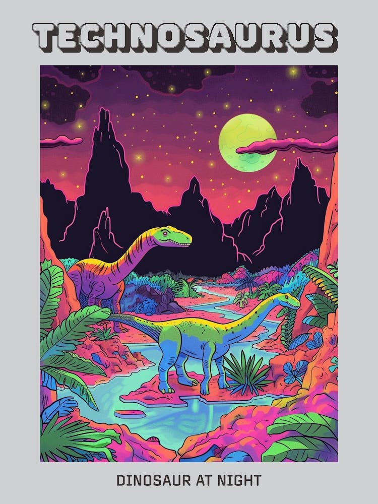 Neon Dinosaur At Night In Jurassic Landscape 4 Poster