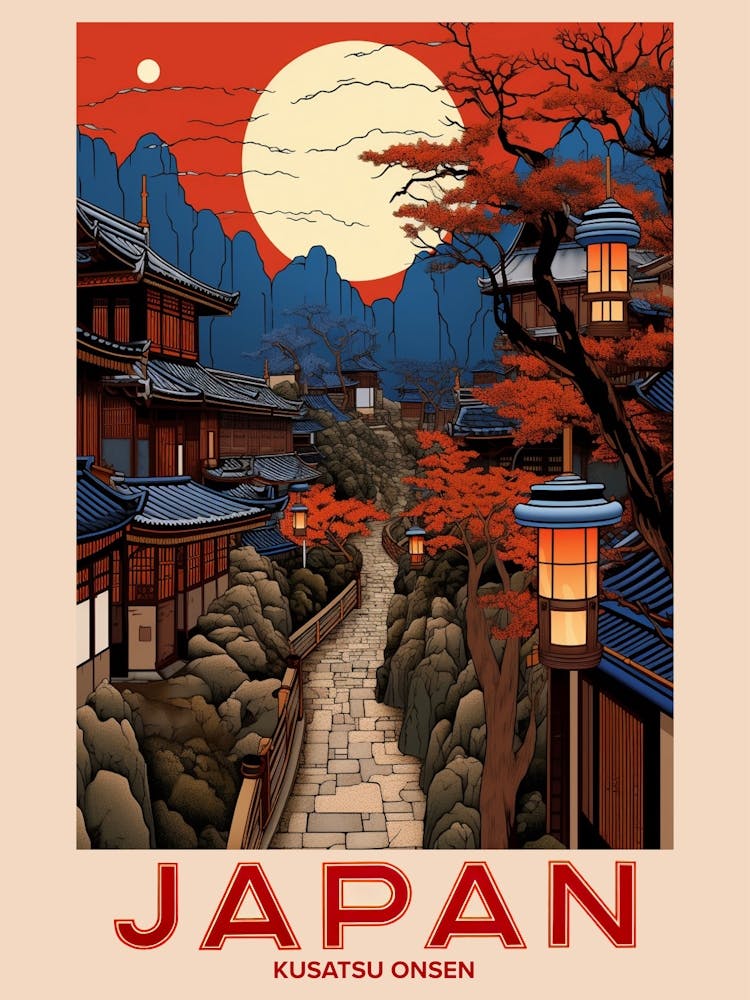 Kusatsu Onsen, Visit Japan Vintage Travel Art 1